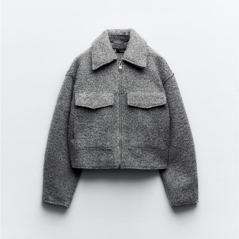 Zara cropped gray boucle zippered jacket